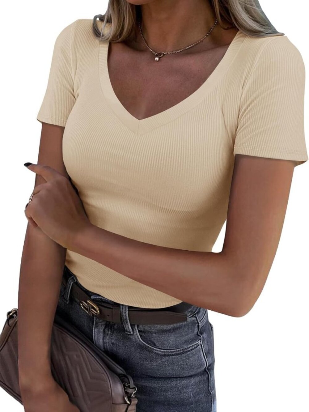 V-Neck Ribbed Fitted Tee | Short Sleeve Basic Knit Top for Women | Casual Chic